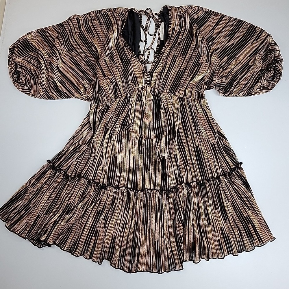 Fanco Women's Small Boho Tiered Mini Dress Brown Black V-Neck‎ Puff Sleeve